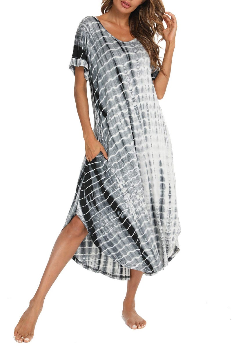 AVIIER Nightgowns for Women Cotton V Neck Sleepwear Short Sleeve Loungewear (Tie Dye-Gray, X-Large) - Image 1